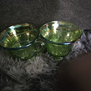 Pair of Indiana Vintage Green Carnival Glass Grape Punch Cups iridescent